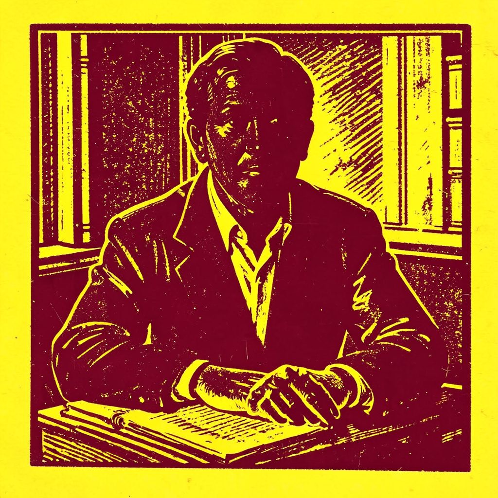 Stylized linocut portrait silhouette in maroon and gold, conveying a thoughtful educator at a desk with warm ambient light